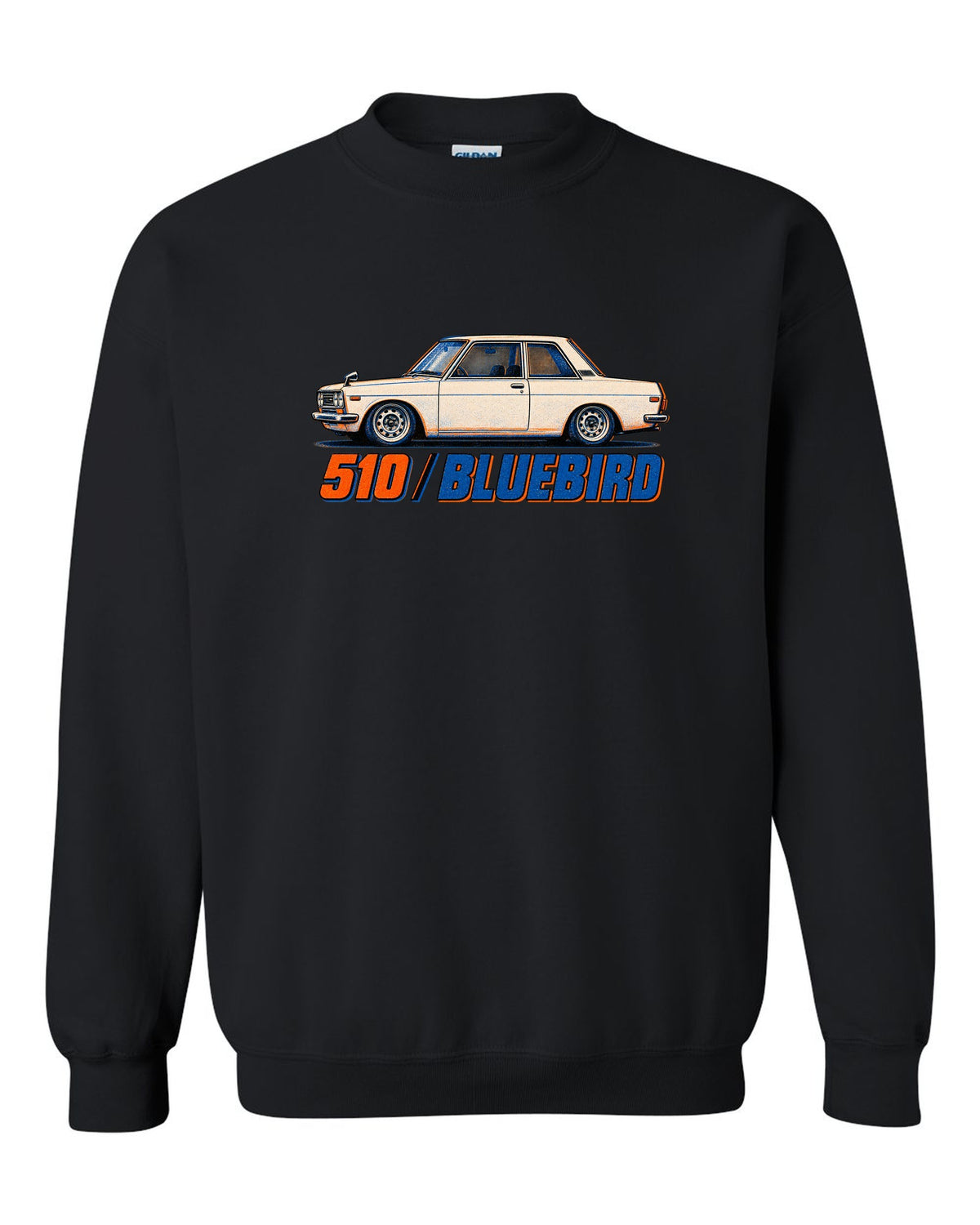 Risograph box print of the Datsun 510 Bluebird with 510 Bluebird lettering black crewneck front view with the design