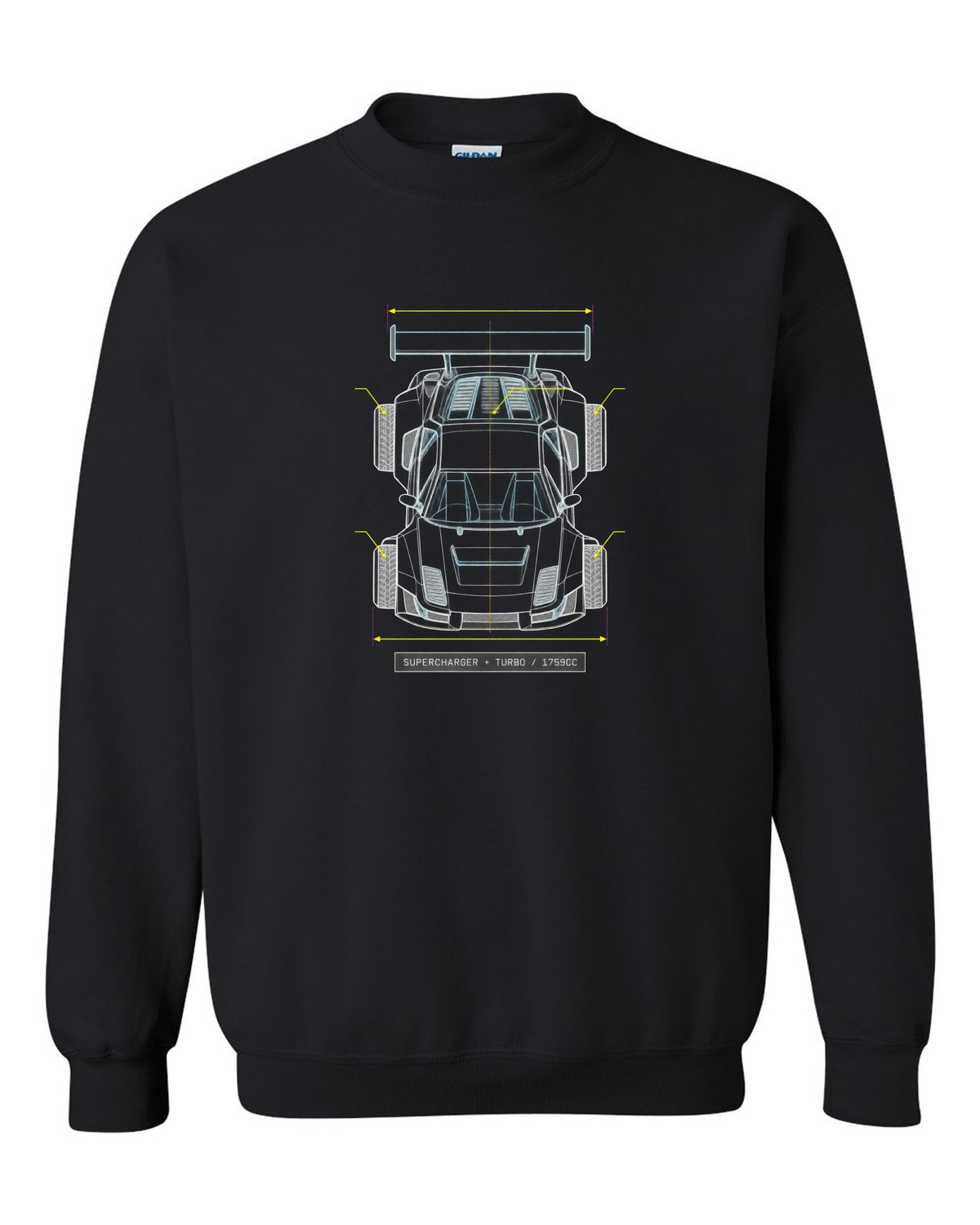Overhead blueprint line drawing of a Lancia Delta S4 with supercharger and turbo caption black crewneck front view with the design