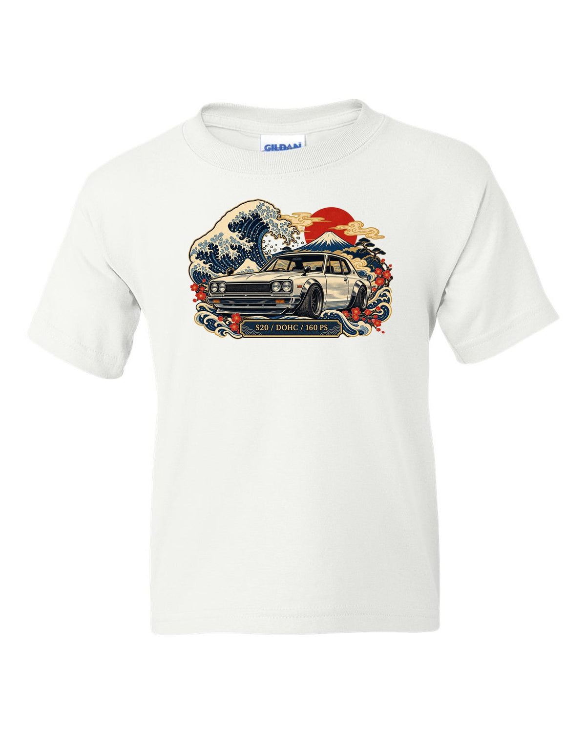Ukiyo-e woodblock wave print of the Skyline 2000GT-R Hakosuka KPGC10 with S20 DOHC 160 PS lettering white kids tee front view with the design