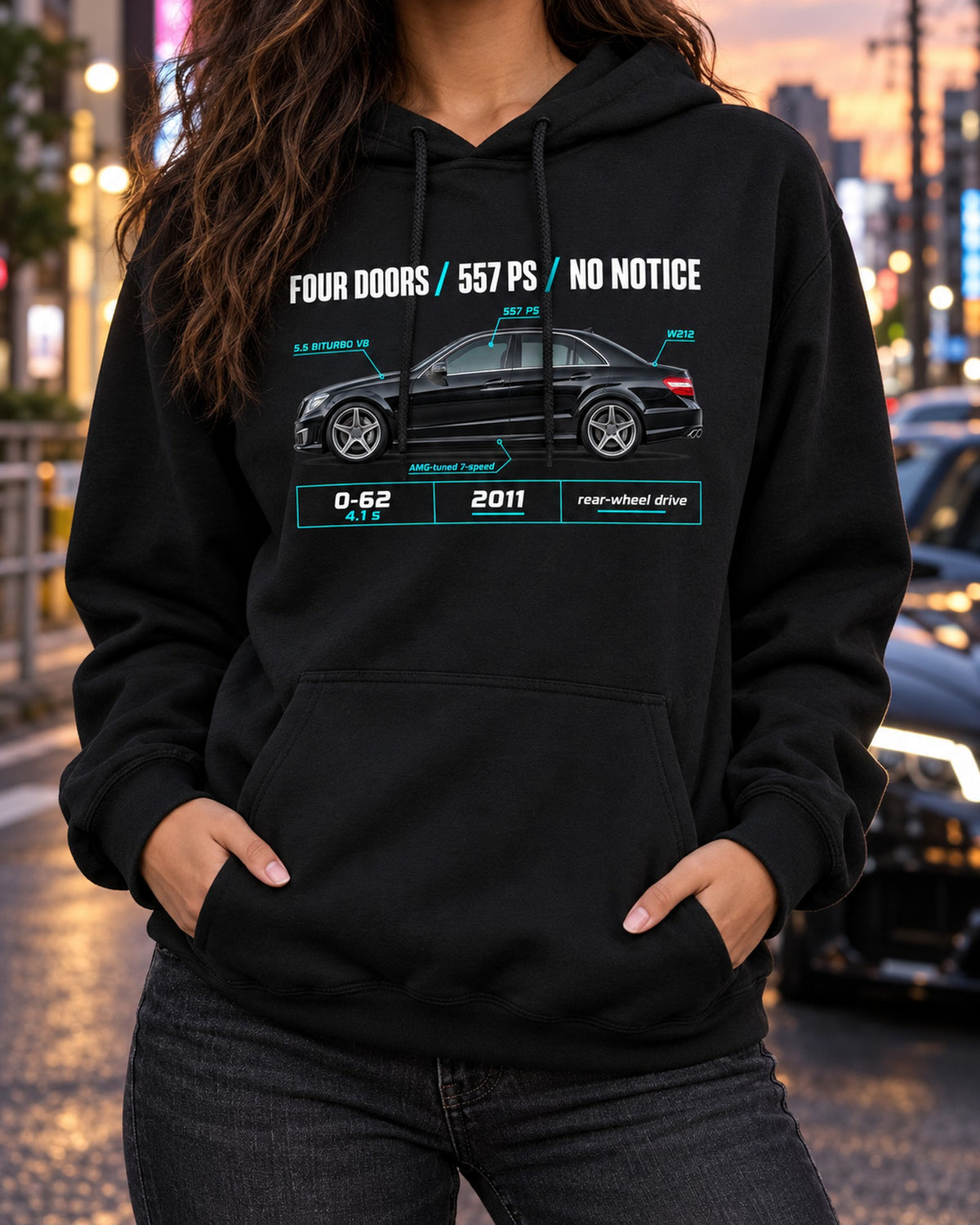Mercedes E63 AMG W212 Four Doors No Notice Spec Poster Shirt Pull Over Hoodie Black worn hero