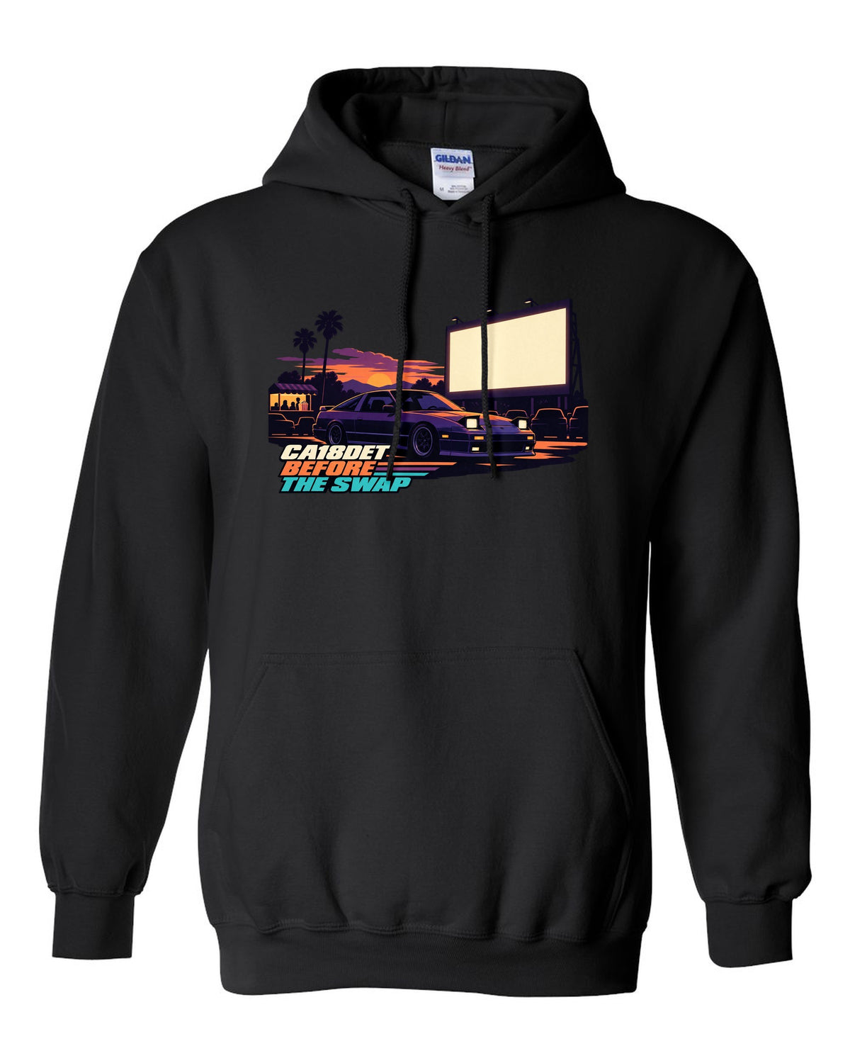 Flat vector drive-in print of a Nissan 180SX S13 with CA18DET before the swap lettering black pull over hoodie front view with the design