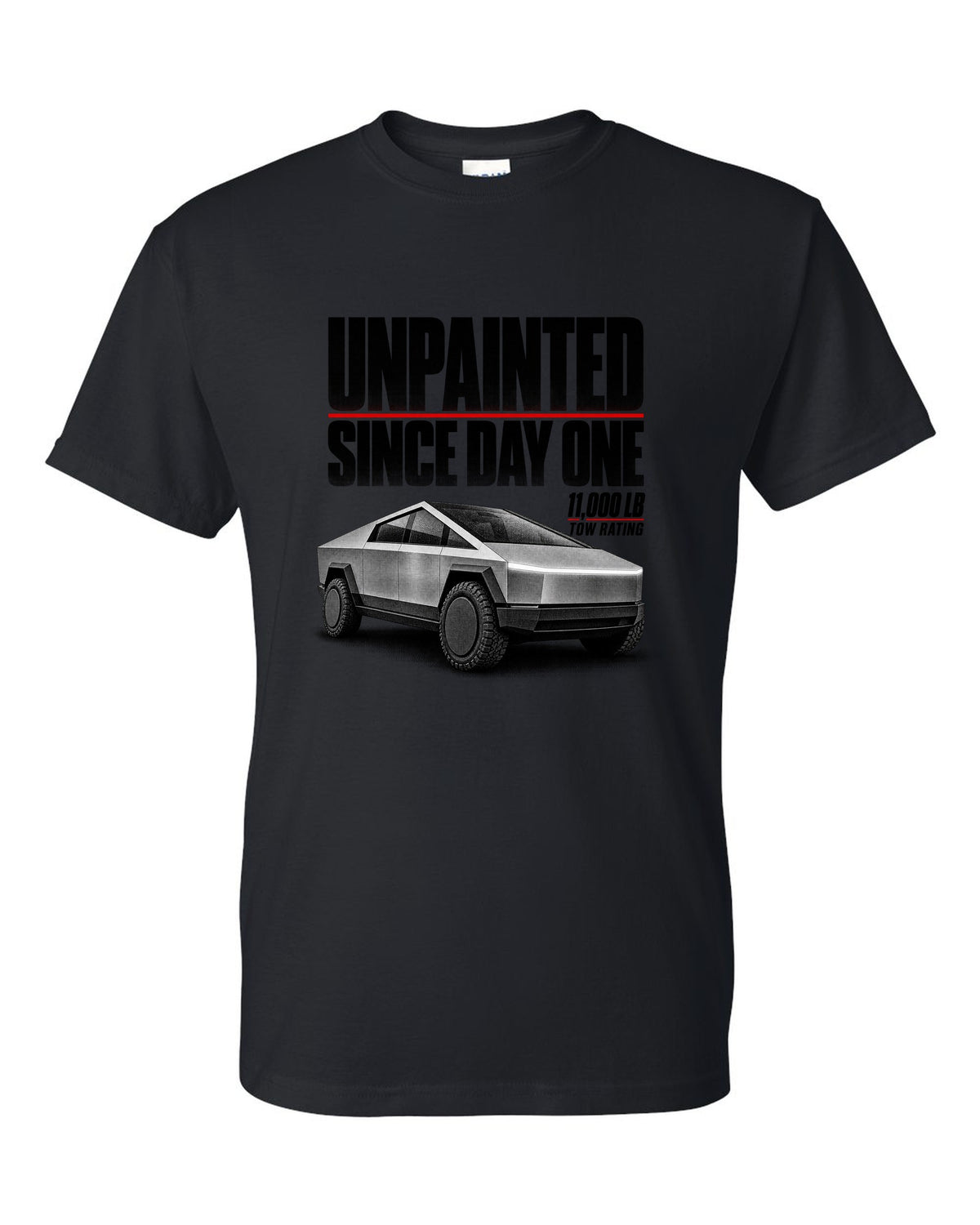 Halftone Tesla Cybertruck 2023 with unpainted since day one and 11,000 lb tow rating text black t-shirt front view with the design