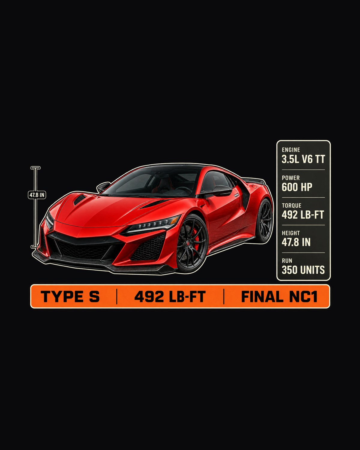 Acura NSX NC1 Type S Spec Poster Tee, Curva Red Final NC1 design only