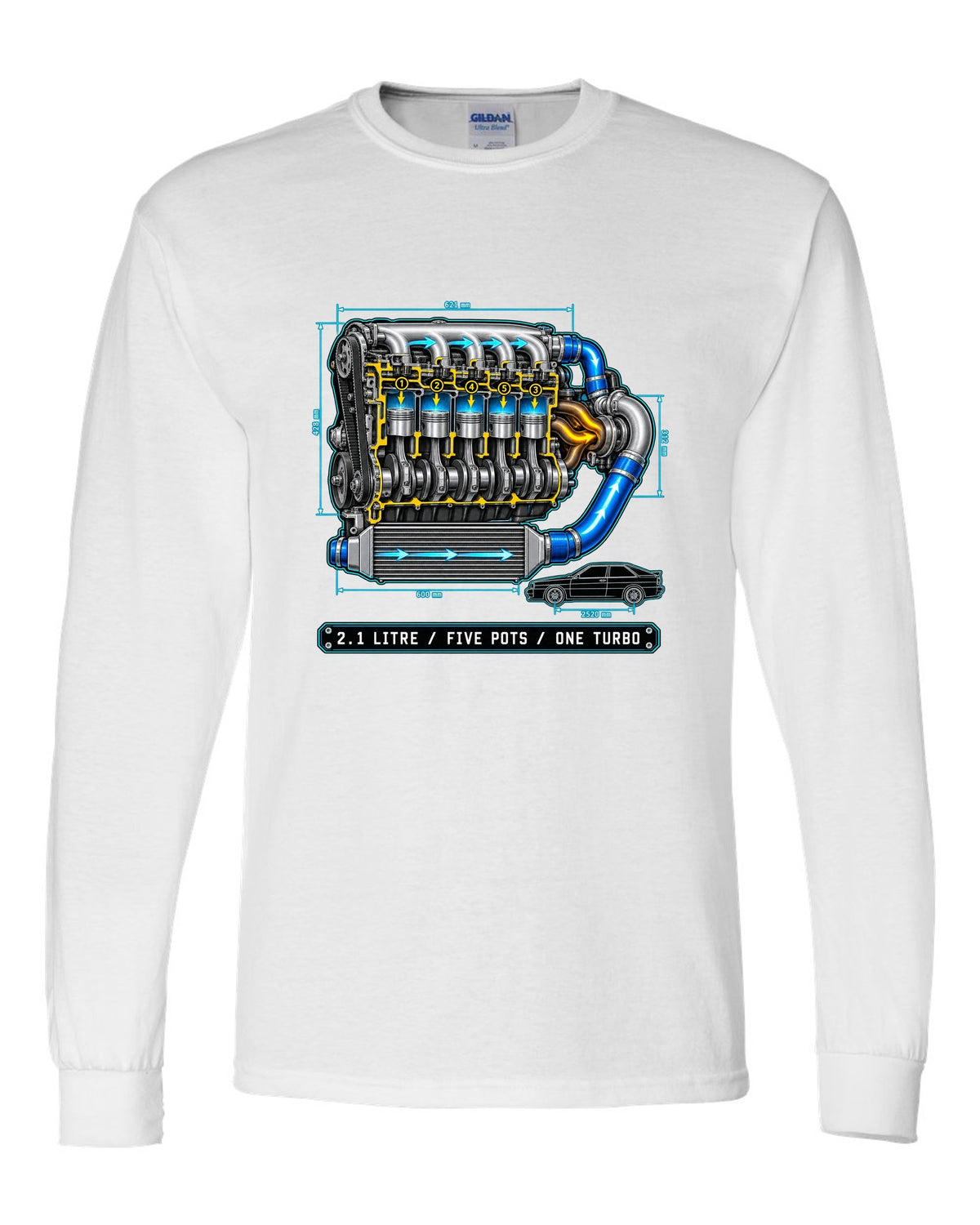 Technical blueprint print of an Audi Ur-Quattro Type 85 with five pots text white long sleeve front view with the design
