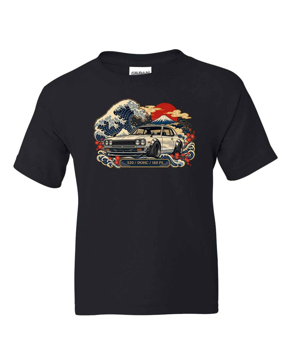 Ukiyo-e woodblock wave print of the Skyline 2000GT-R Hakosuka KPGC10 with S20 DOHC 160 PS lettering black kids tee front view with the design