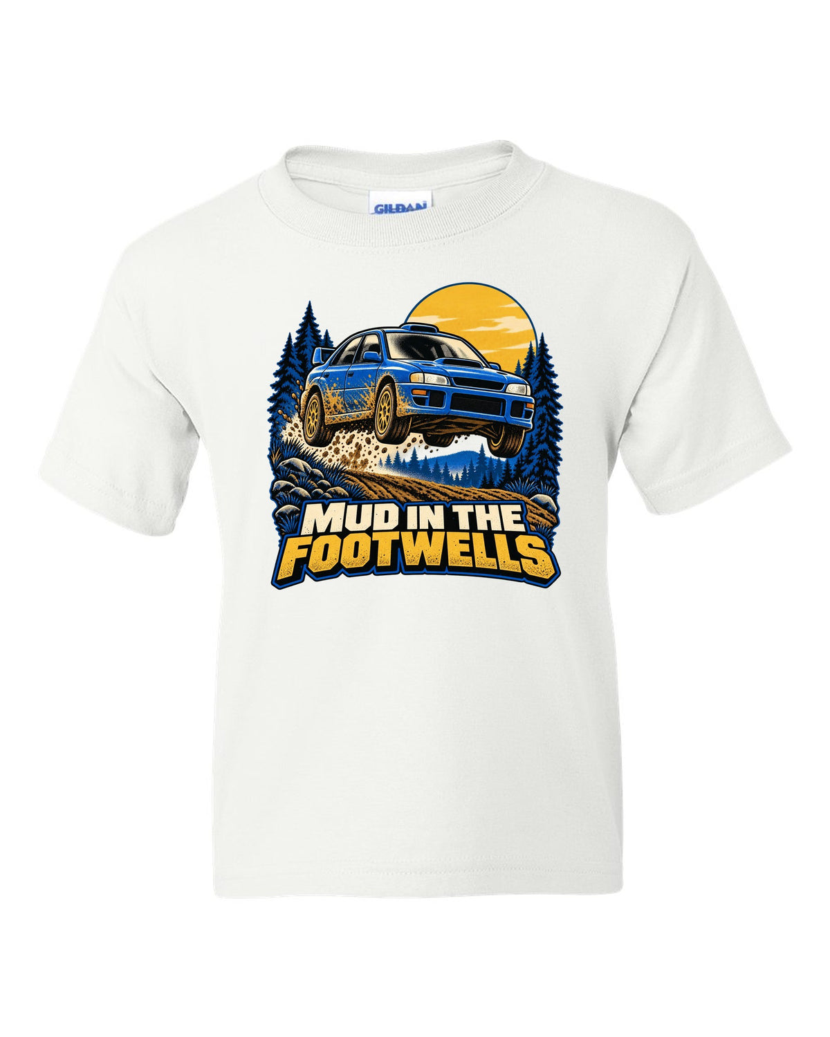 Comic halftone pop-art of a Subaru WRX STI GRB chback doing a burnout white kids tee front view with the design
