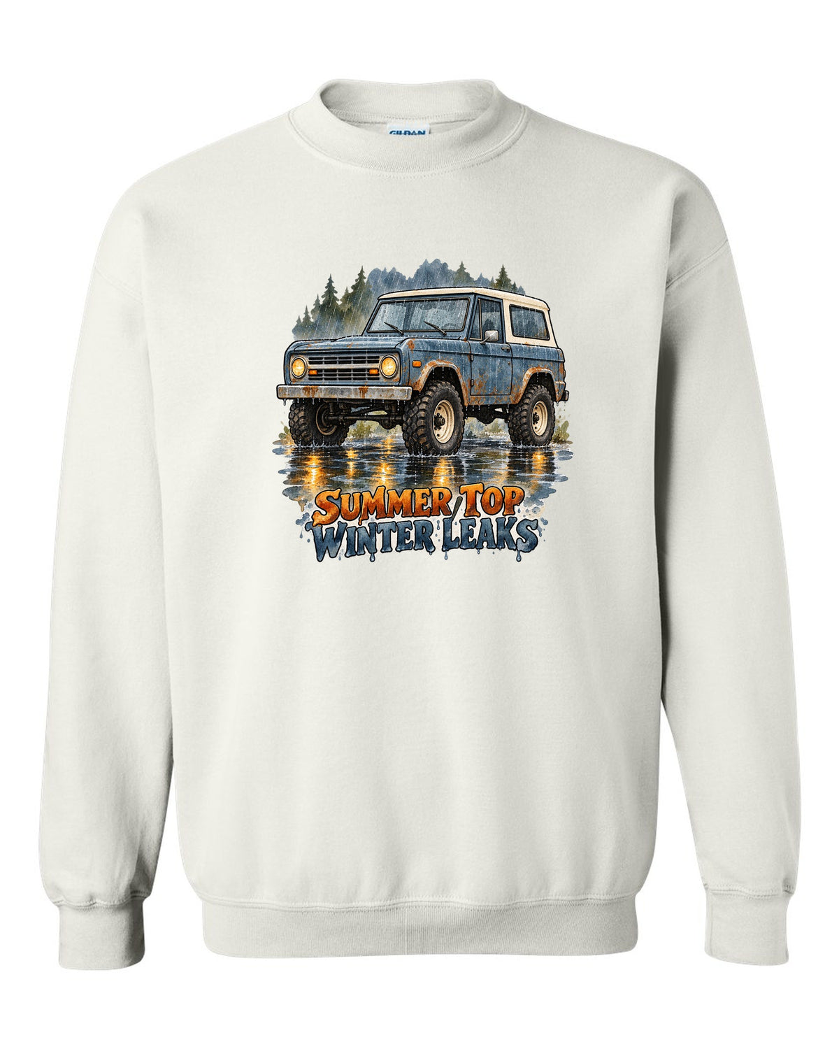 Watercolour wash print of a 1969 first-generation Chevrolet K5 Blazer with summer top winter leaks text white crewneck front view with the design