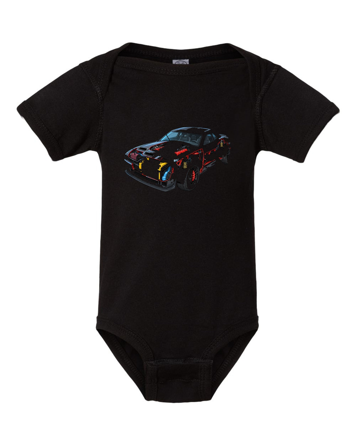 2018 Dodge Challenger Hellcat supercharger cutaway technical illustration print with 707 HP text black baby onesie front view with the design