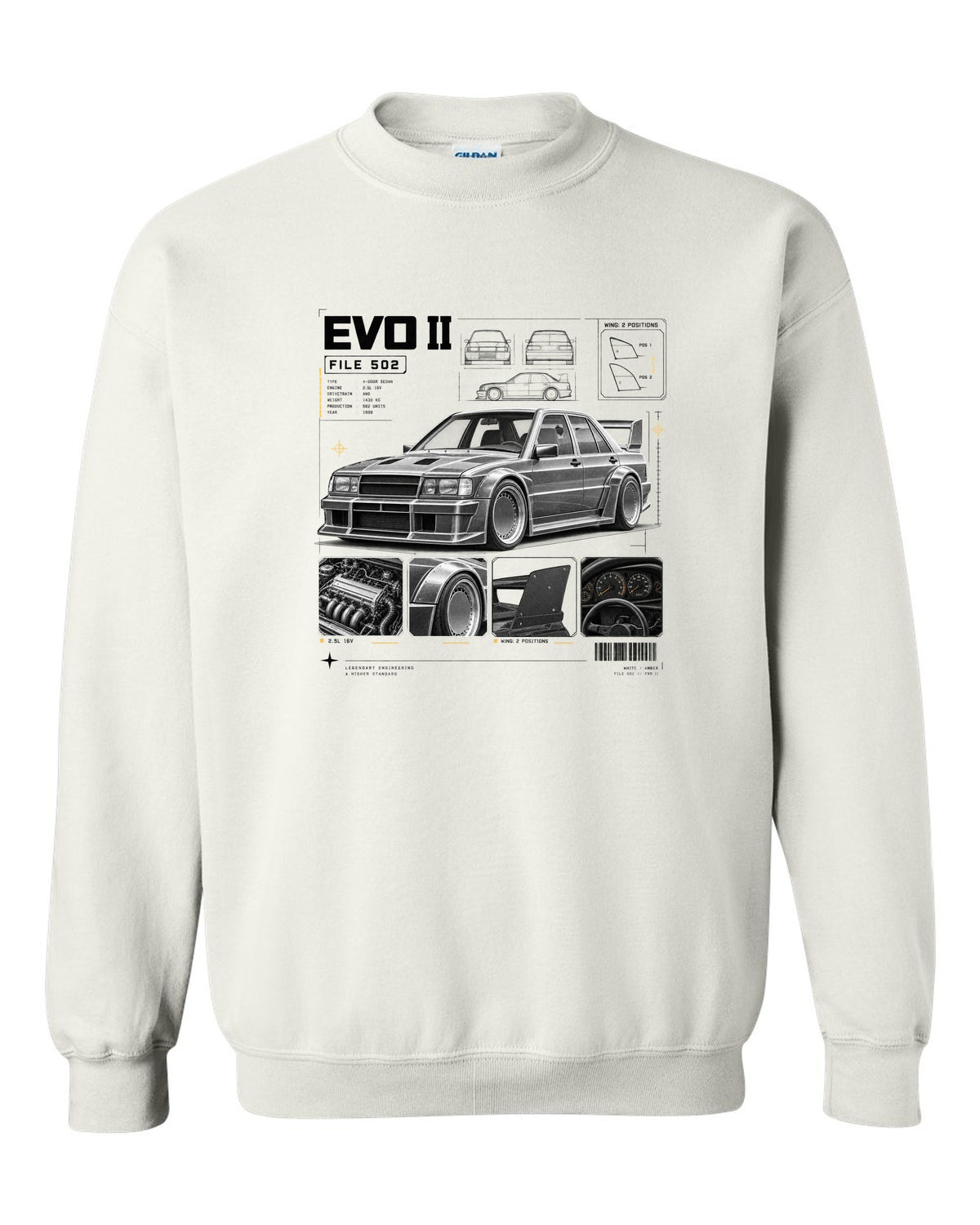 print dossier panels of a Mercedes 190E Evolution II W201 listing file 502, 2.5L 16V and wing positions white crewneck front view with the design