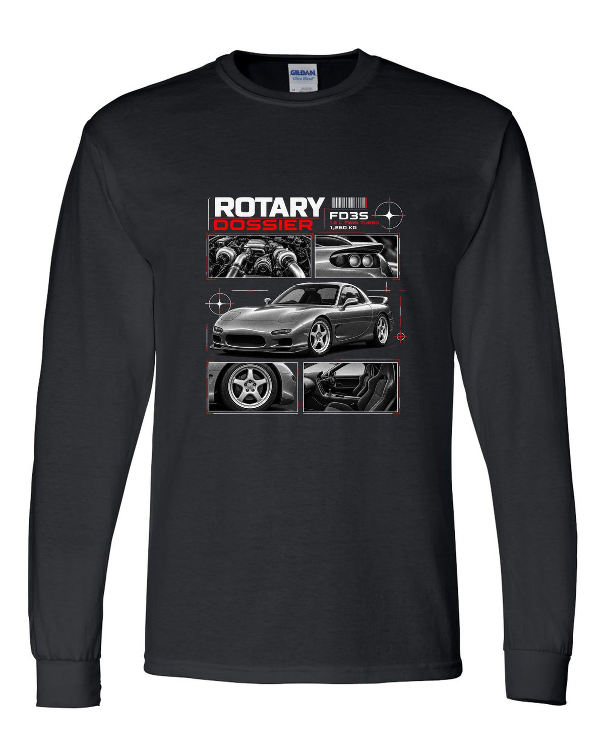 Dossier print of a Mazda RX-7 FD3S front three-quarter with detail panels black long sleeve front view with the design