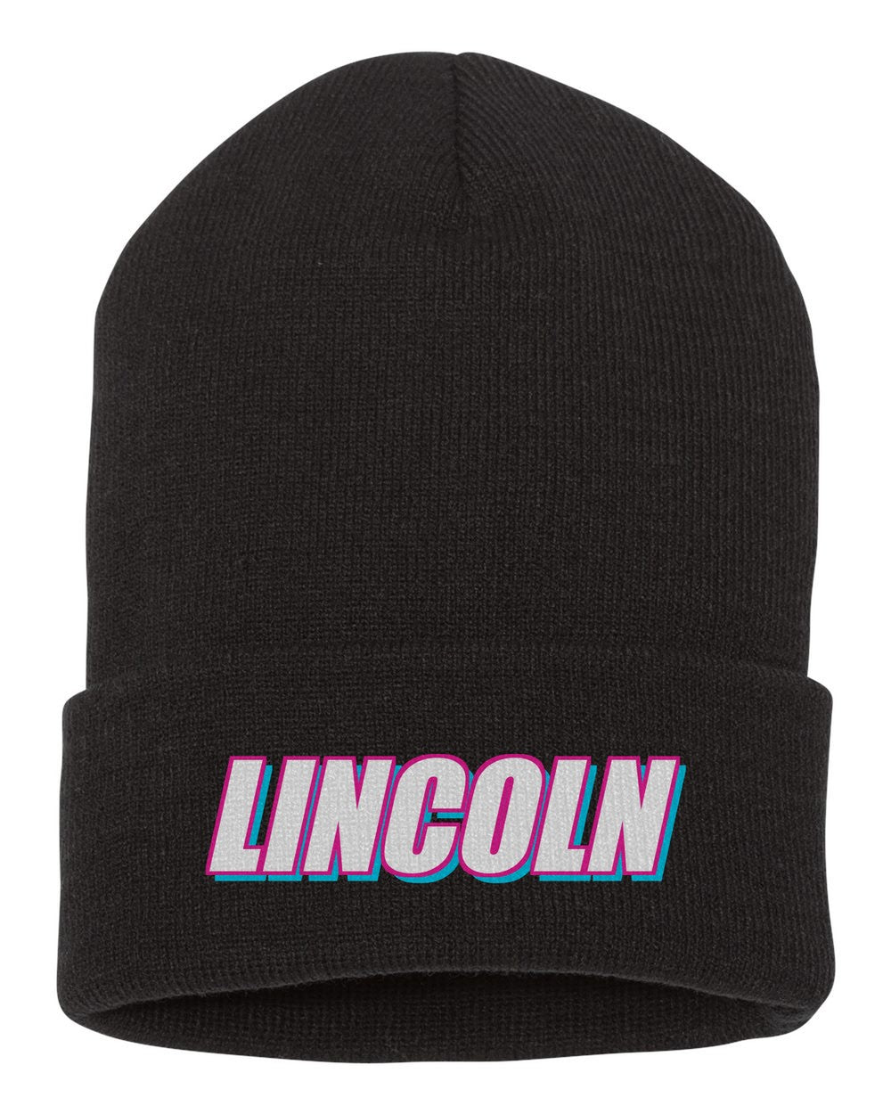 Lincoln black beanie front view with car name