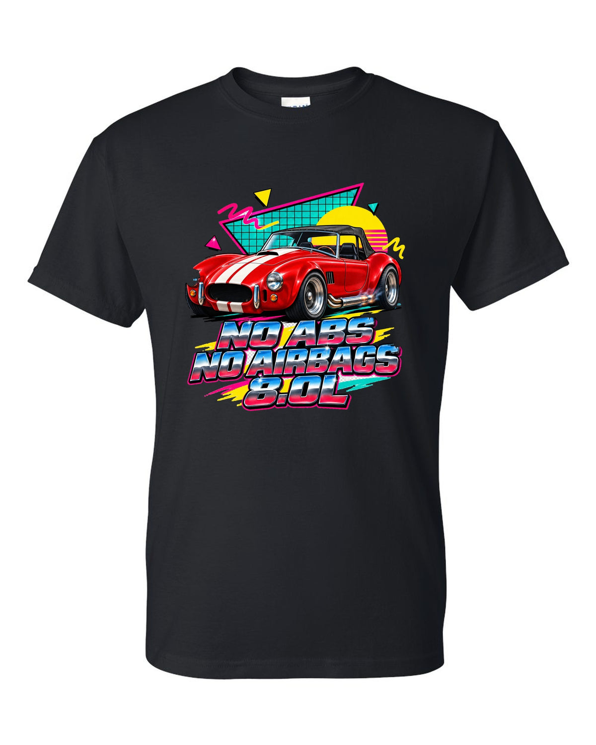 Airbrushed 90s Memphis grid print of a 1992 Dodge Viper RT/10 with no ABS text black t-shirt front view with the design
