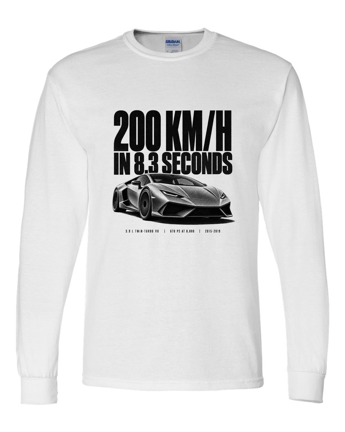Halftone print of a Ferrari 488 GTB front three-quarter with the text 200 km/h in 8.3 seconds white long sleeve front view with the design