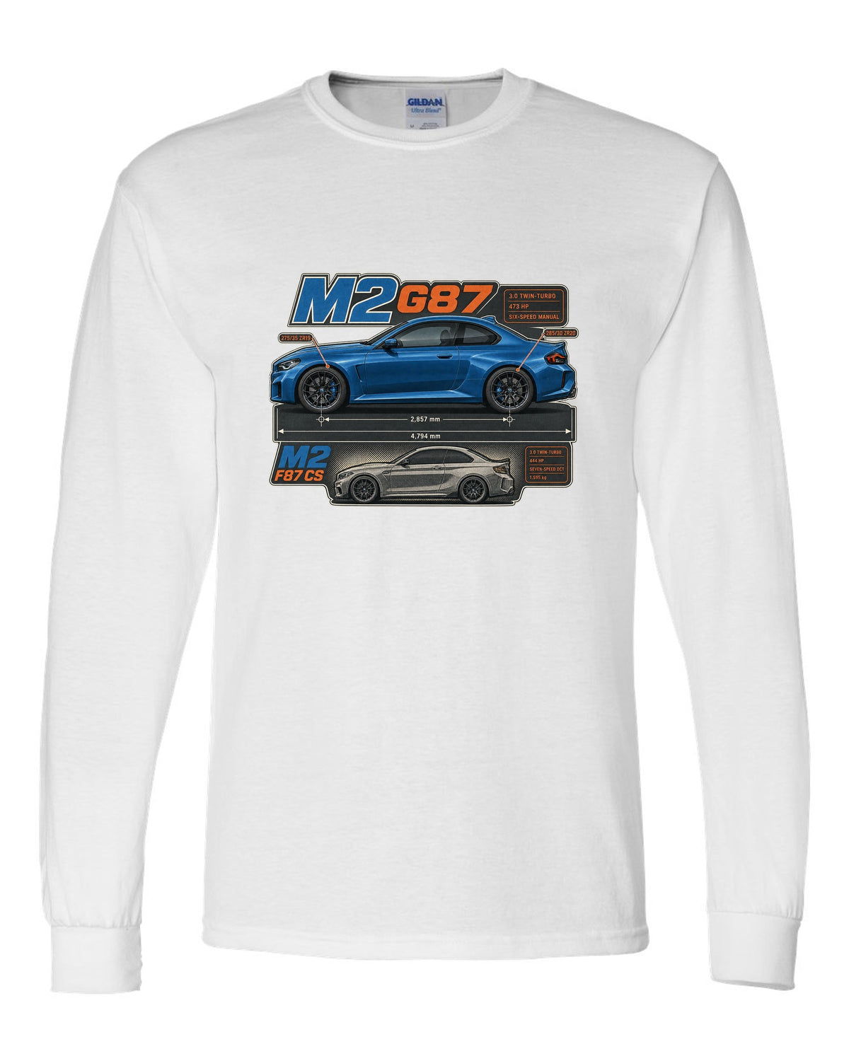 BMW M4 G82 coupe dimension blueprint print with 473 hp and six-speed manual white long sleeve front view with the design