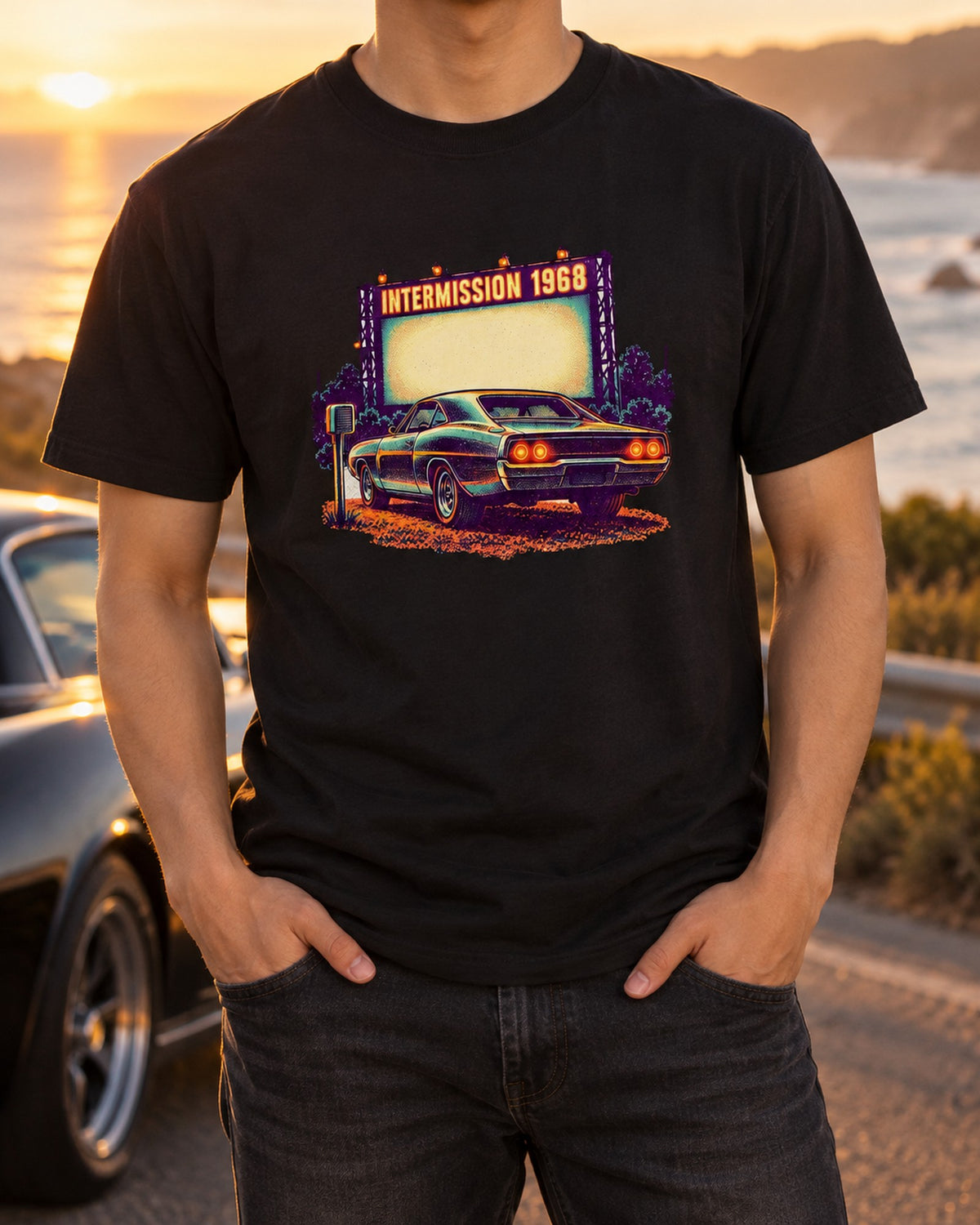 1968 Dodge Charger R/T Drive-In Risograph Tee, Intermission T-Shirt Black worn hero