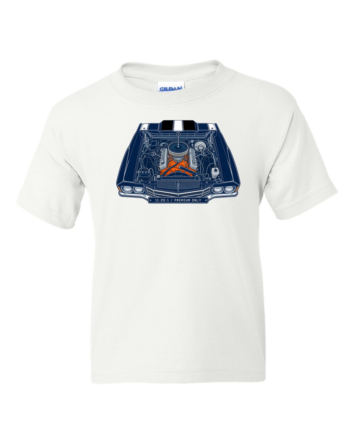 Patent blueprint drawing with numbered callouts of a 1970 Chevrolet Chevelle SS LS6 engine bay white kids tee front view with the design