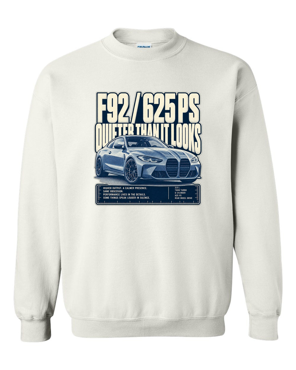 BMW M8 Competition F92 halftone statement print on a tee white crewneck front view with the design