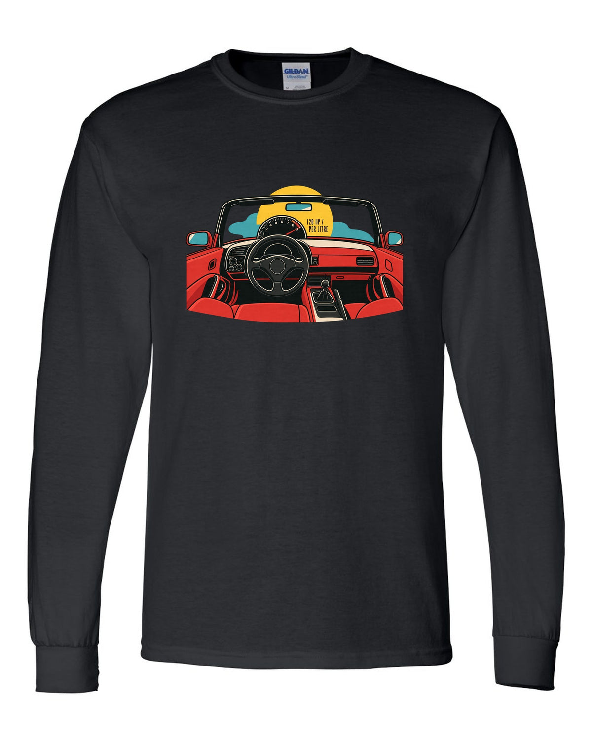 Minimal single-line contour art of a Honda S2000 AP1 with 120 HP per litre text black long sleeve front view with the design