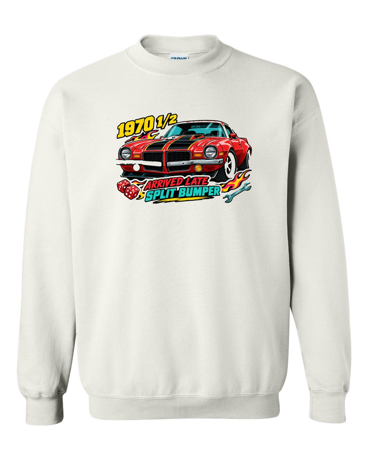 1970 Chevrolet Camaro Z28 split bumper sticker-bomb collage print reading 1970 1/2 Arrived Late white crewneck front view with the design