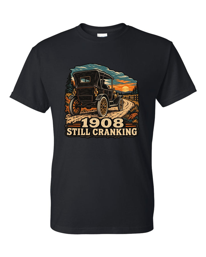 Multi-colour woodcut illustration of a Ford Model T Tin Lizzie with 1908 still cranking text black t-shirt front view with the design