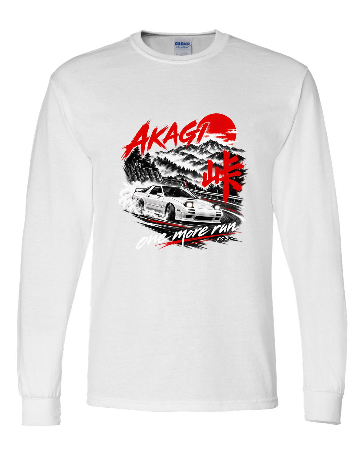 Night print of a Mazda RX-7 FC3S on Akagi with one more run lettering white long sleeve front view with the design