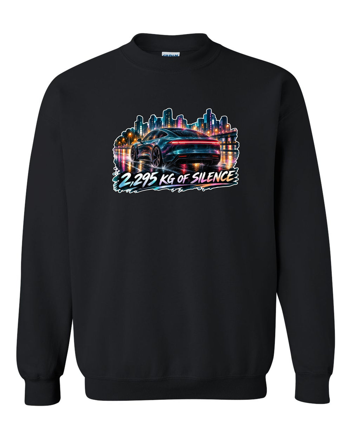 Porsche Taycan Turbo S 9J1 watercolor wet road night print with the text 2,295 kg of silence black crewneck front view with the design
