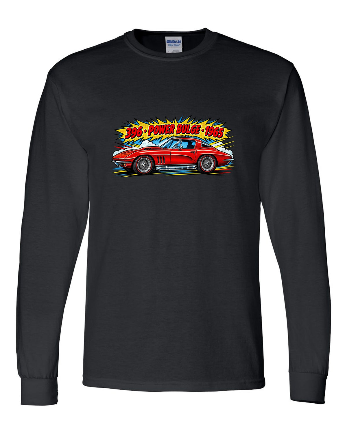 1965 Corvette C2 Sting Ray Side Pipe Comic black long sleeve front view with the design