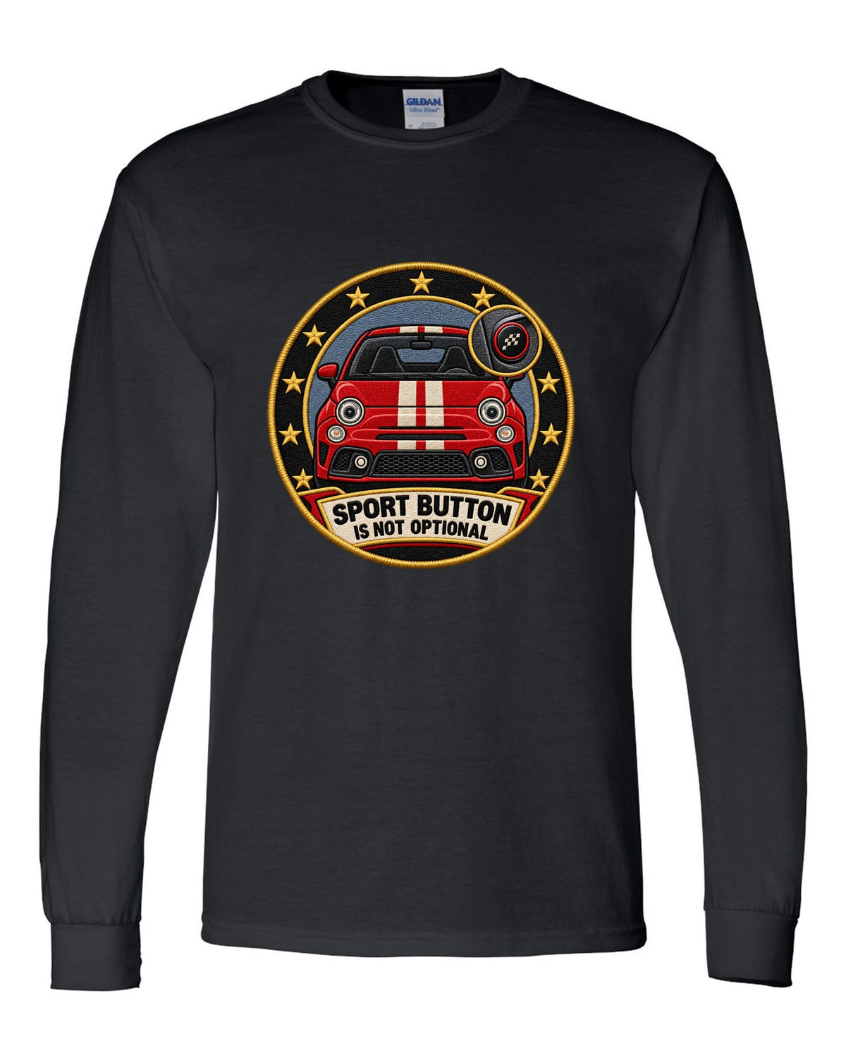 Varsity crest of a Fiat 500 Abarth with sport button text black long sleeve front view with the design