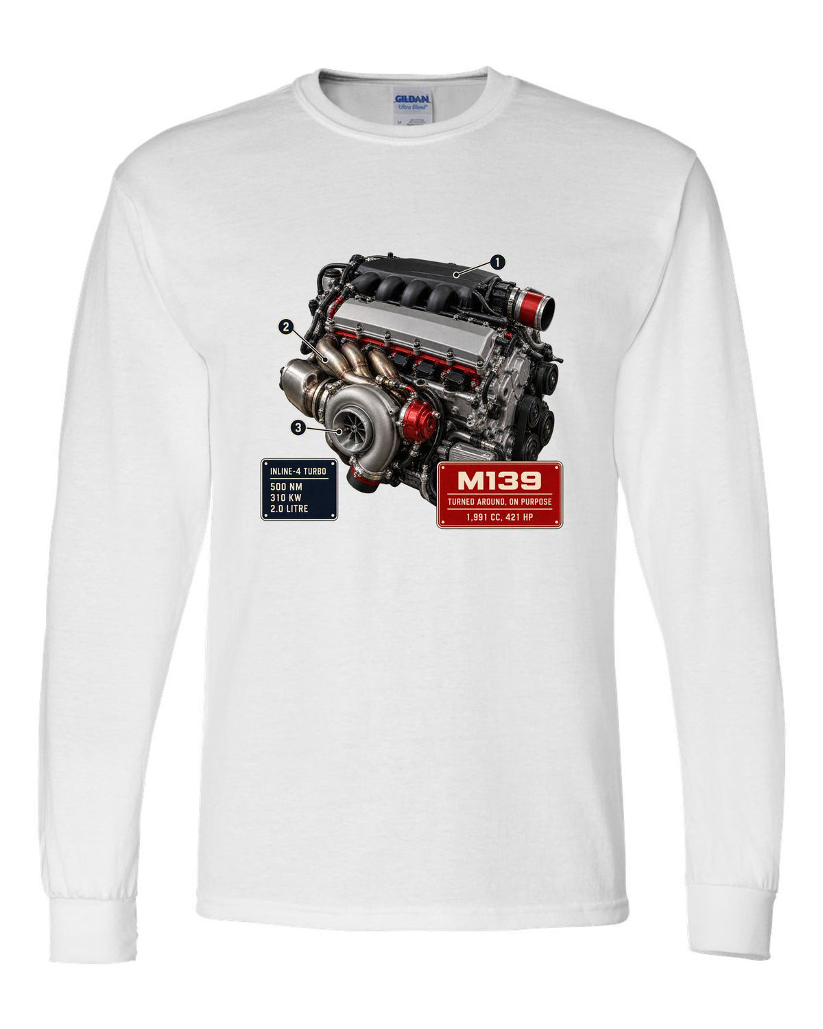 Mercedes-AMG M139 2.0 litre turbo four engine hero print white long sleeve front view with the design