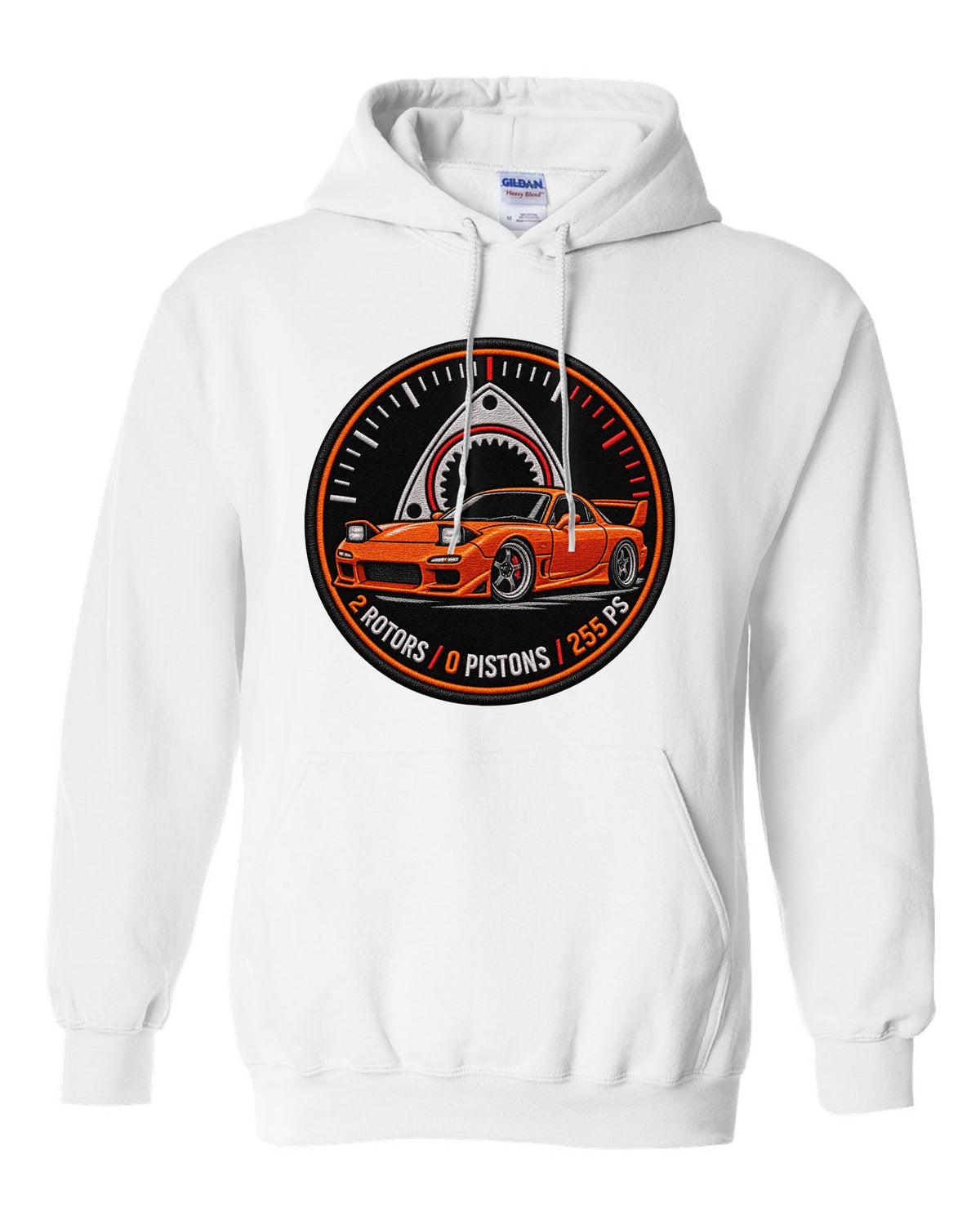 Round embroidery-style crest print for the Mazda RX-7 FD3S with 2 rotors 0 pistons 255 PS lettering white pull over hoodie front view with the design
