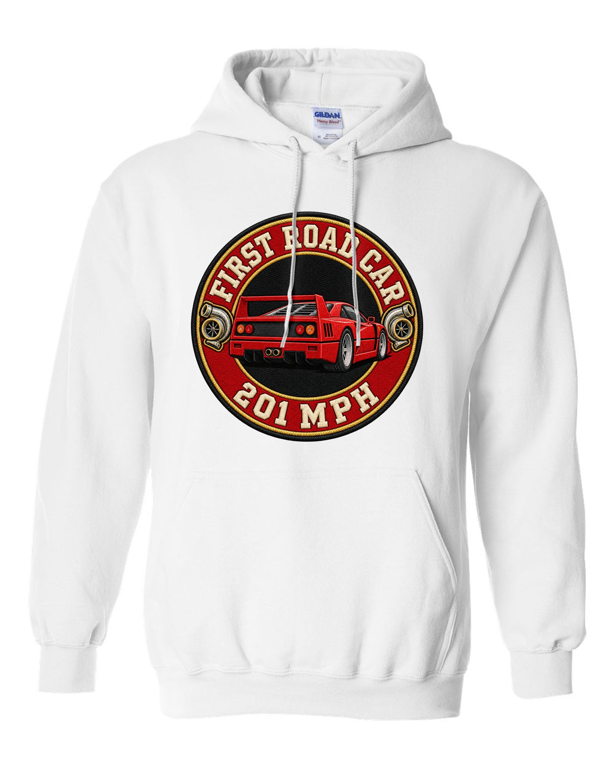 Embroidery-style varsity roundel of a 1987 Ferrari F40 F120 with first road car 201 MPH text white pull over hoodie front view with the design
