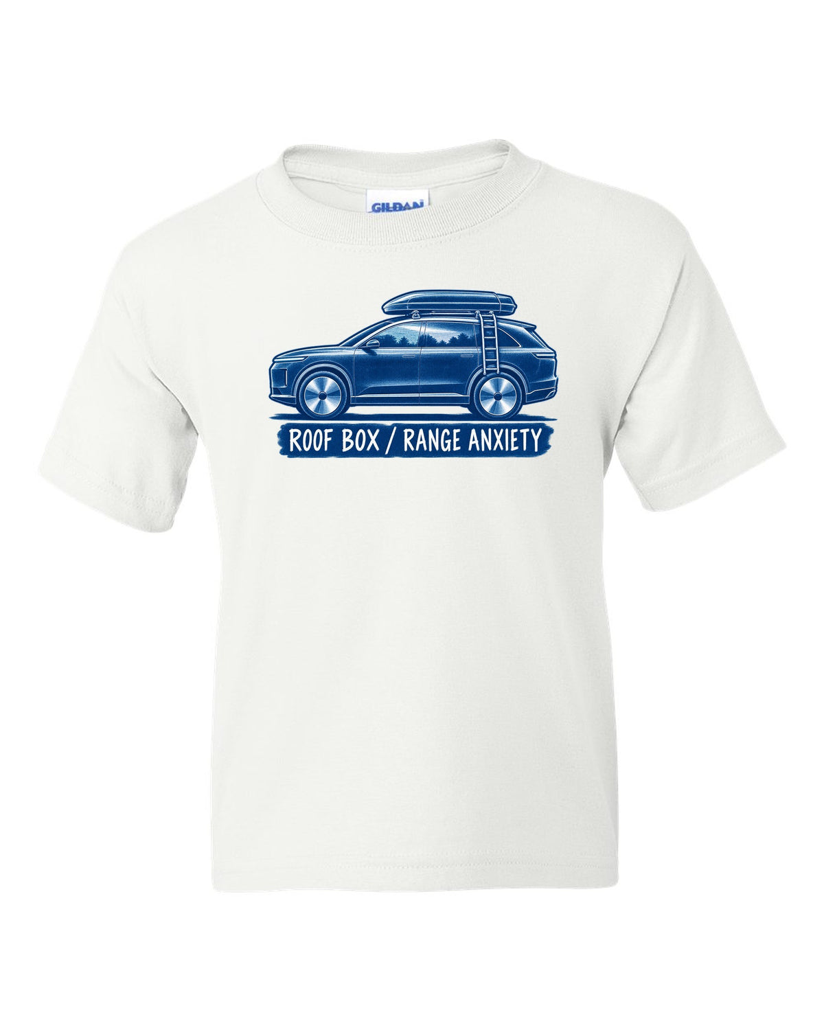 Lucid Gravity white-on-blue cyanotype print with the text roof box range anxiety white kids tee front view with the design
