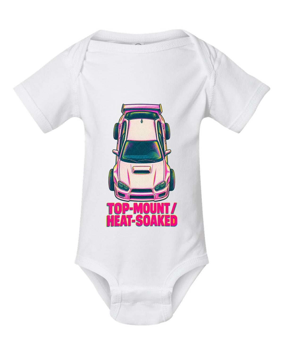 Risograph top view of a Subaru Impreza WRX GDB Blobeye with heat-soaked text white baby onesie front view with the design