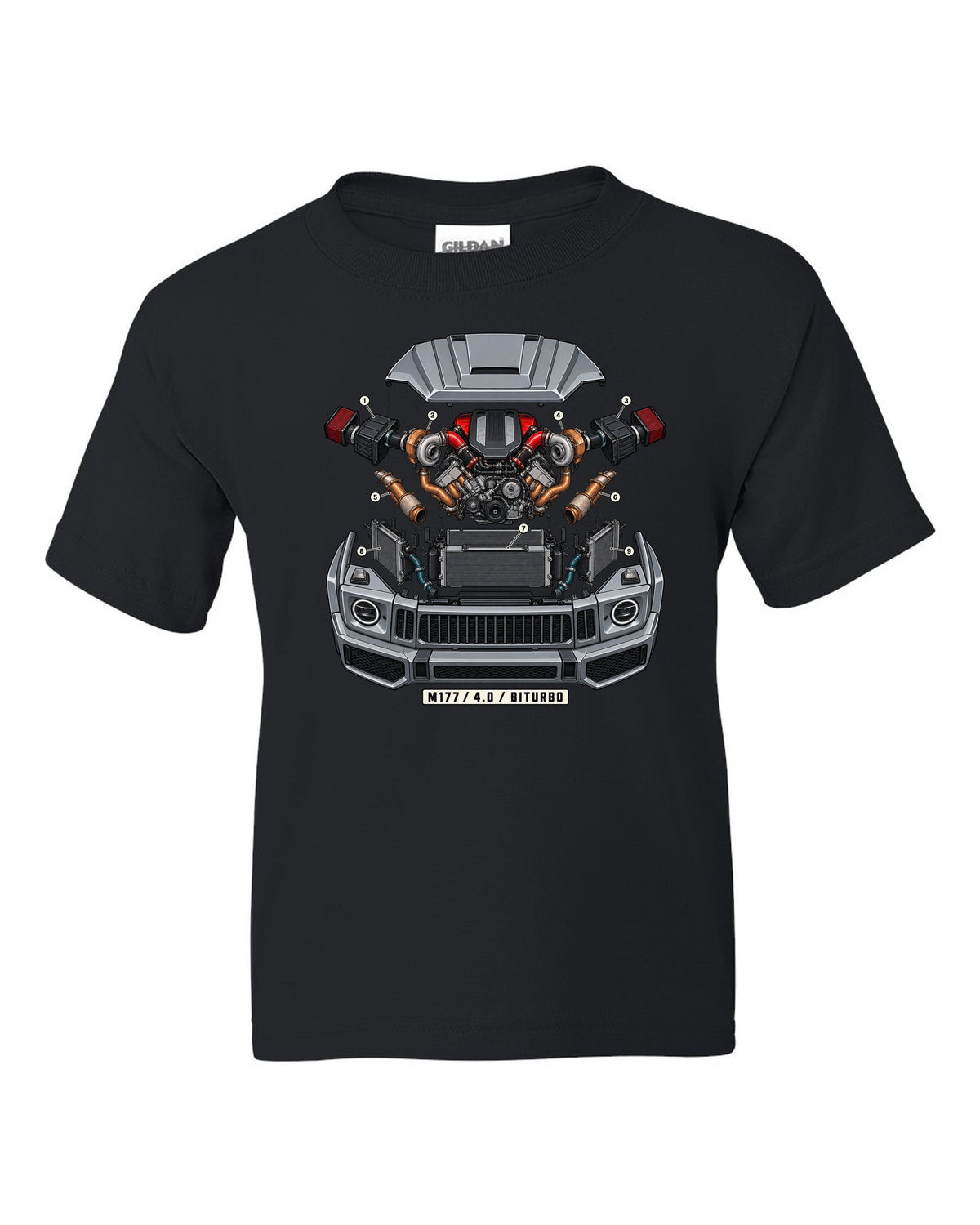 Isometric exploded engine cutaway graphic reading M177 4.0 Biturbo for the Mercedes G63 W464, print black kids tee front view with the design