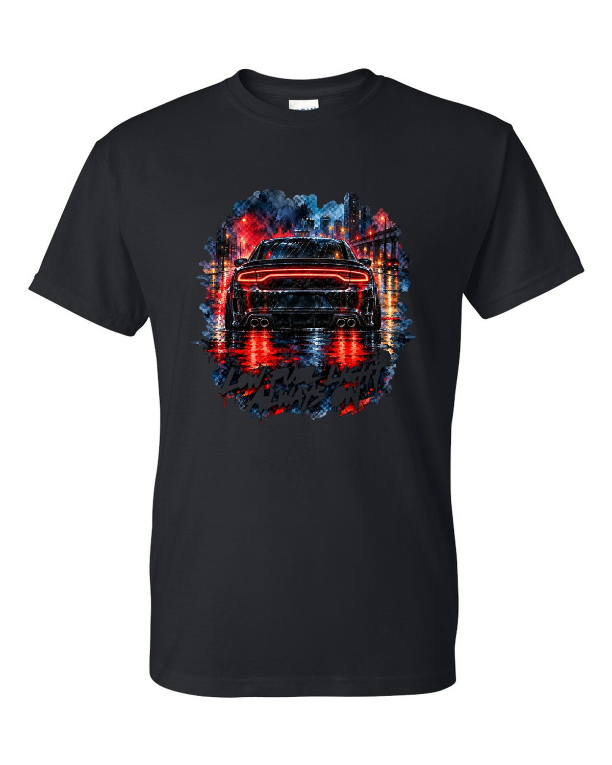 Watercolour wet-road night scene of the taillights of a 2015 Dodge Charger Scat Pack black t-shirt front view with the design