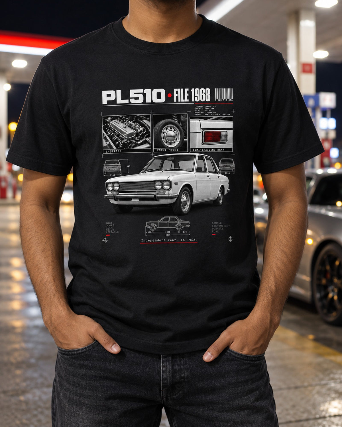 Datsun PL510 1968 Dossier Panel Shirt, Independent Rear Tee T-Shirt Black worn hero