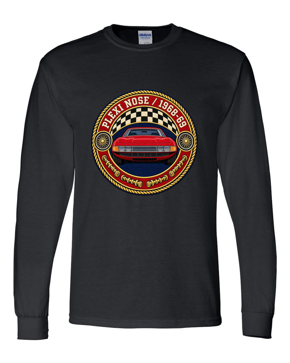 Round crest print for the Ferrari 365 GTB/4 Daytona with Plexi Nose and 1968-69 lettering black long sleeve front view with the design