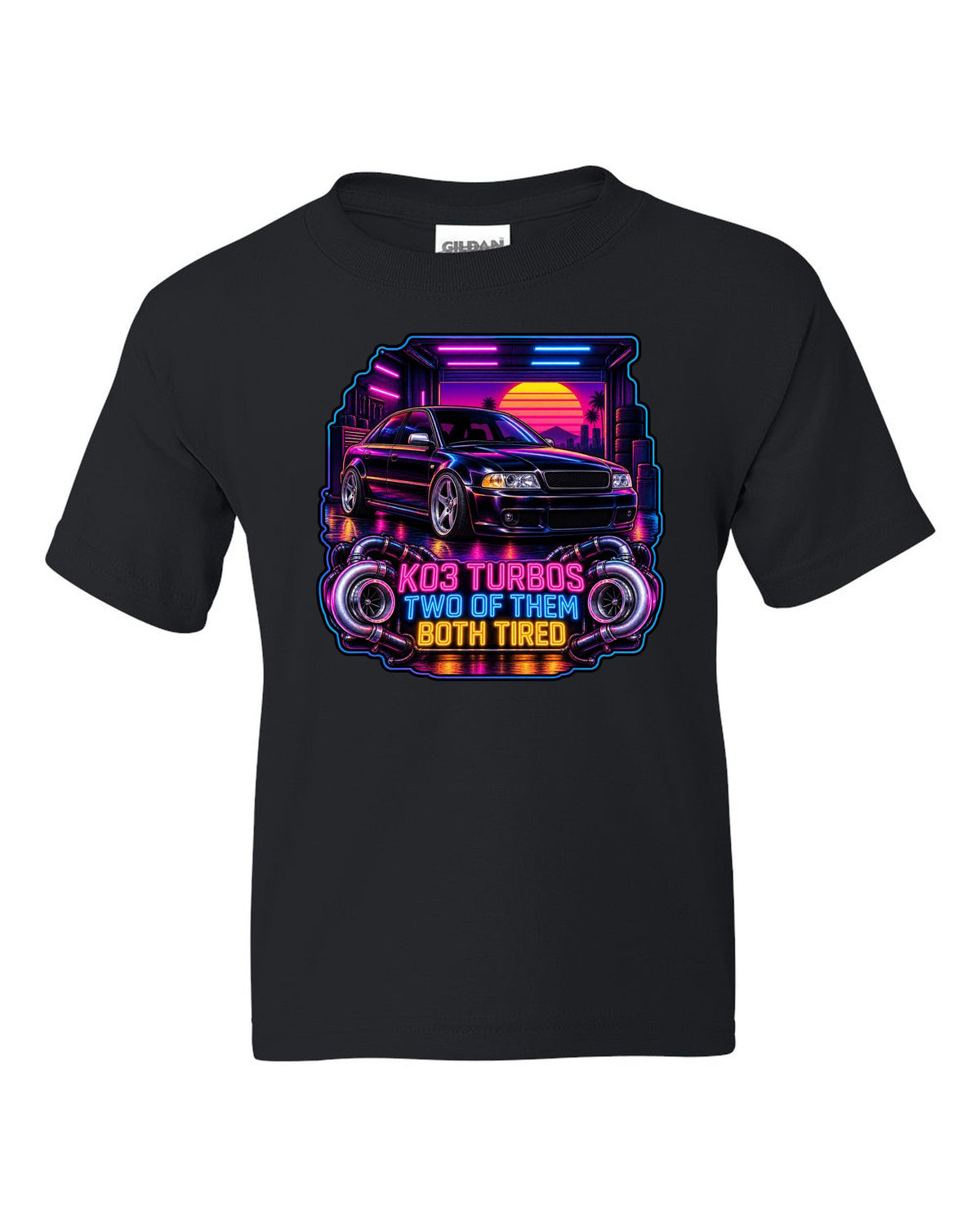 Synthwave print of an Audi S4 B5 sedan with K03 turbos text black kids tee front view with the design