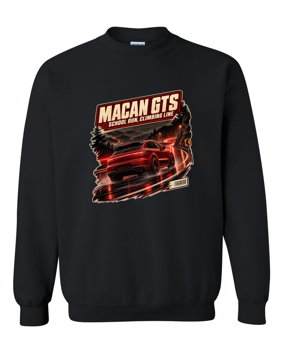 Wet mountain road print of a low front three-quarter Porsche Macan GTS 95B black crewneck front view with the design