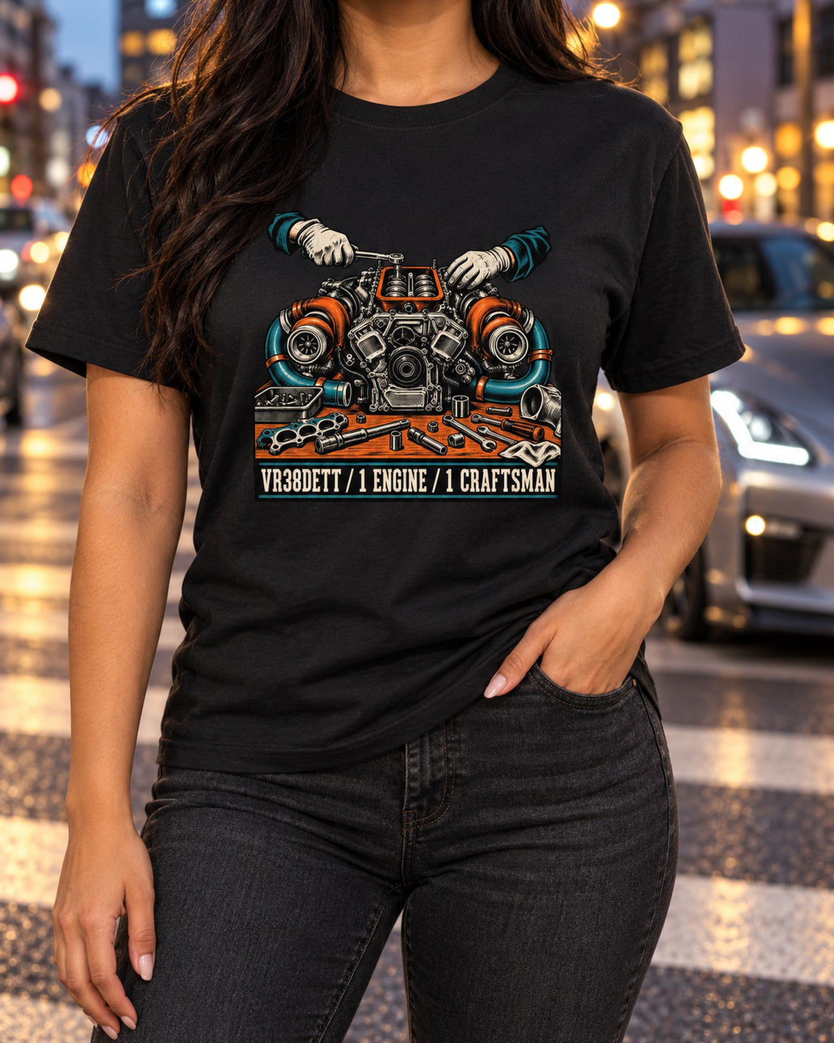 Nissan GT-R R35 VR38DETT Linocut Block Print Tee T-Shirt Black worn hero