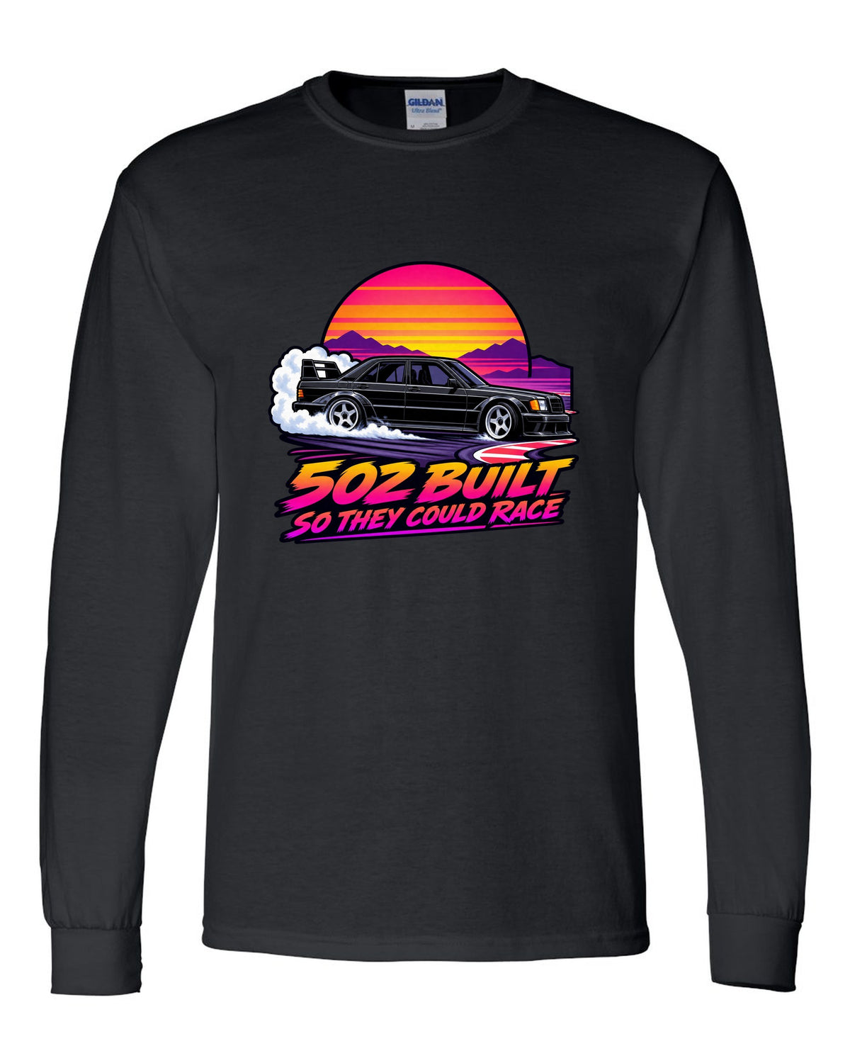 Flat vector eighties sunset gradient print of a Mercedes-Benz 190E Evo II W201 sliding through a chicane black long sleeve front view with the design
