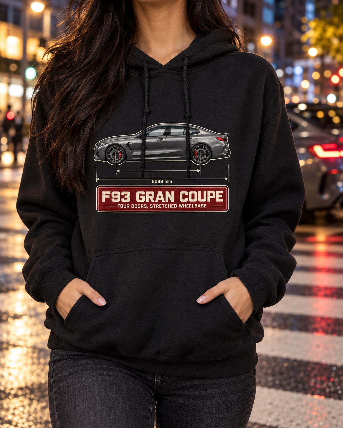 BMW M8 Gran Coupe F93 Blueprint Tee, Four Door Car Guy Pull Over Hoodie Black worn hero