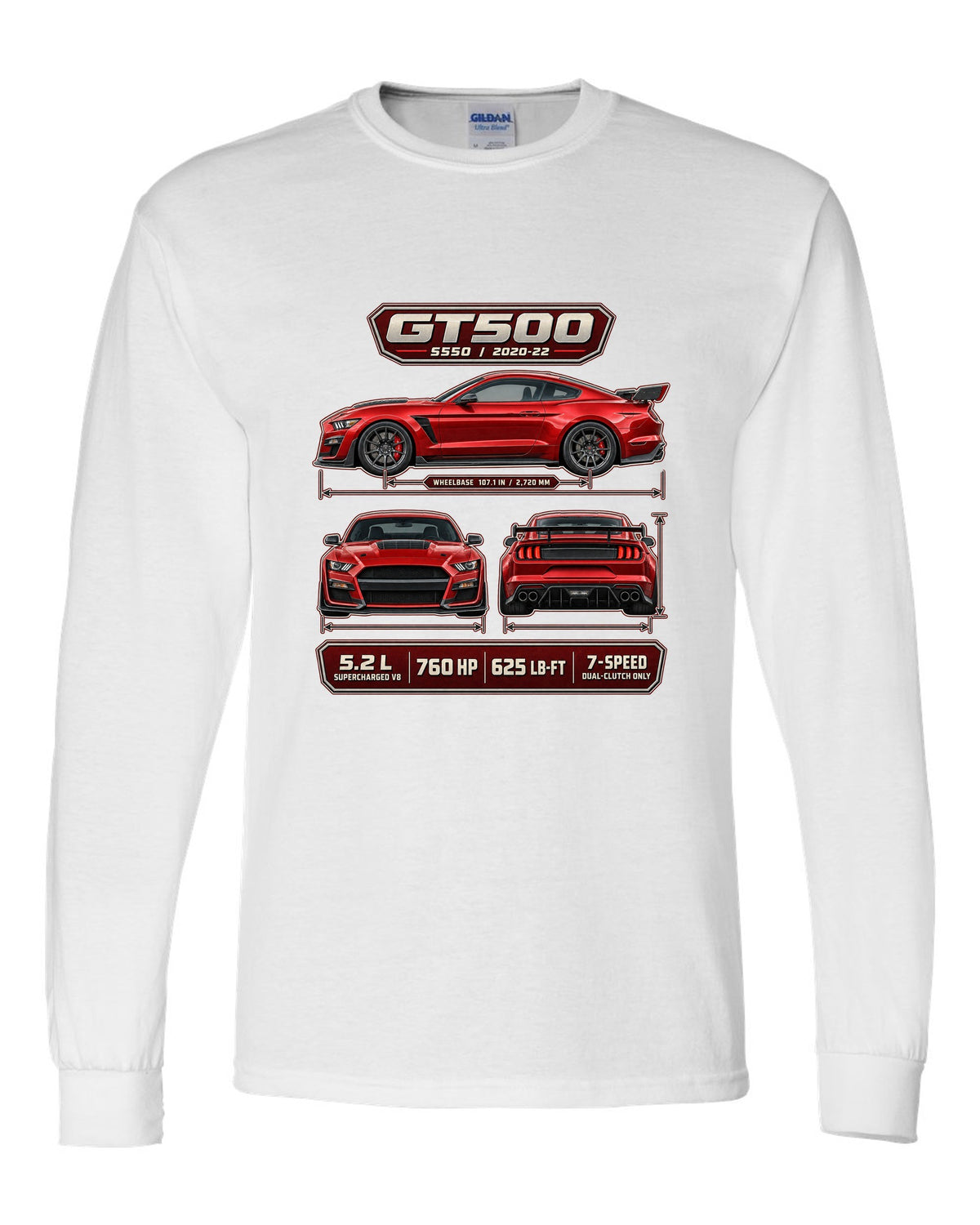 Ford Mustang S550 Shelby GT500 three-view drawing with spec table print white long sleeve front view with the design