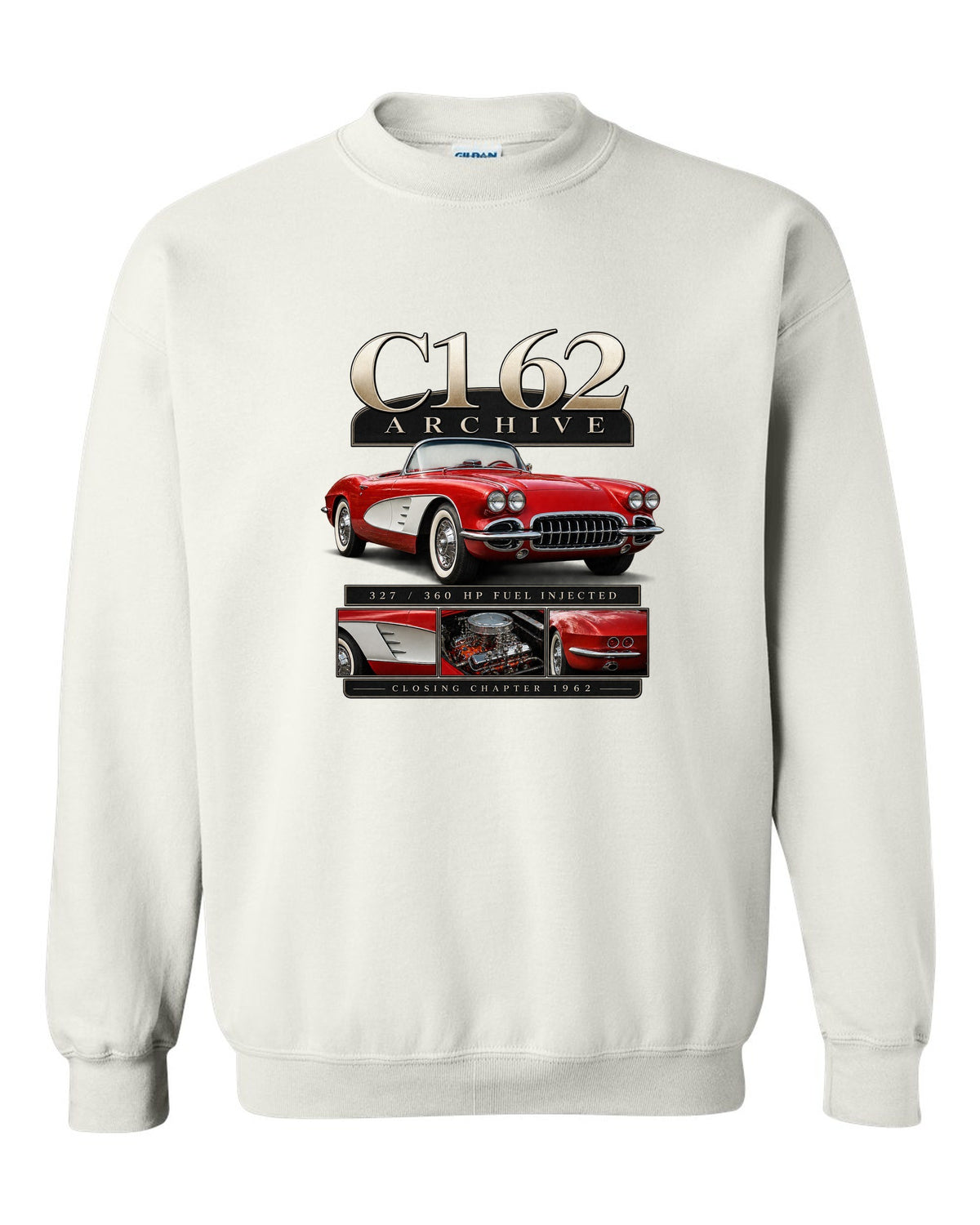 Corvette C1 1962 solid-axle roadster archive panel white crewneck front view with the design