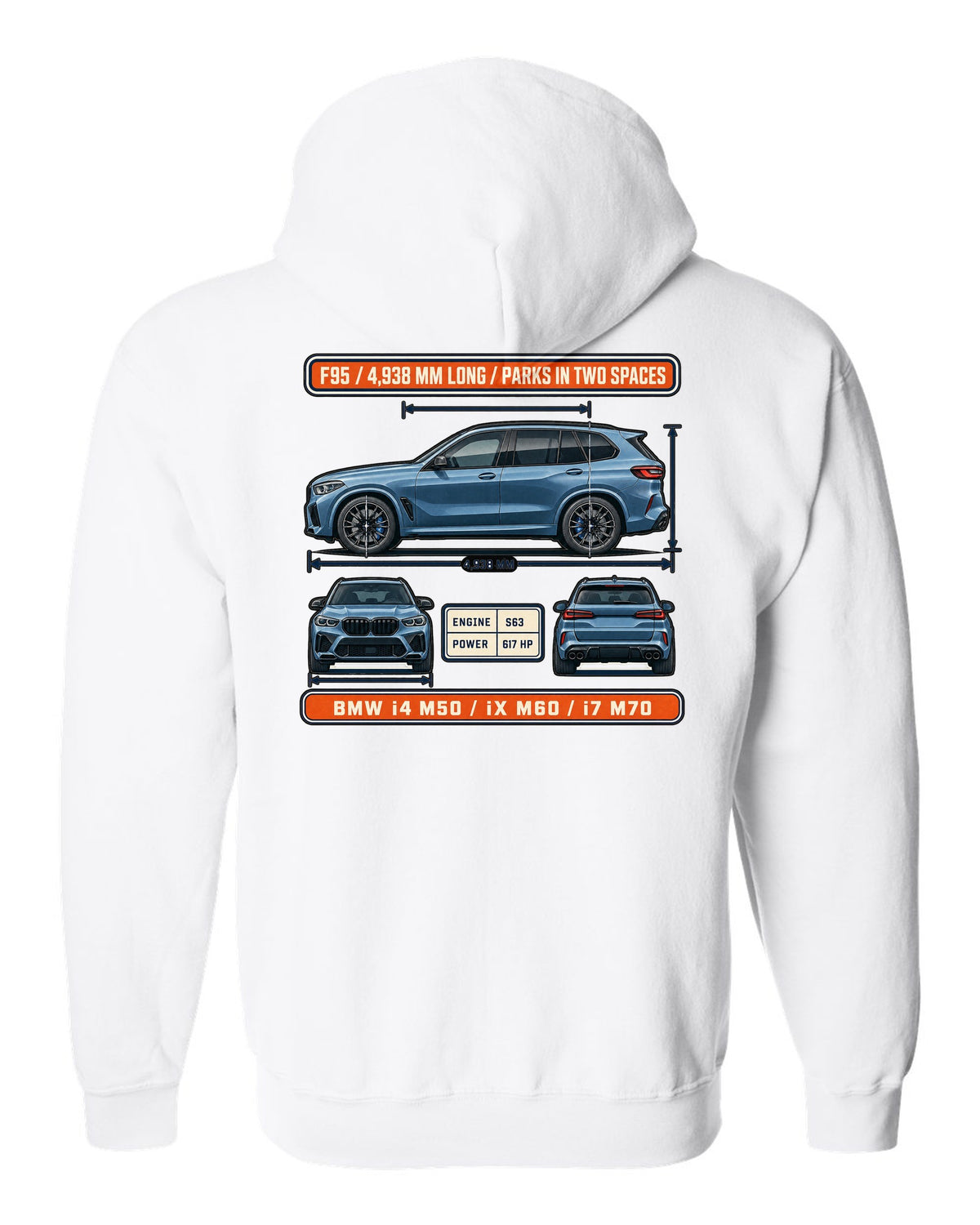 Dimension blueprint print of the BMW X5 M Competition F95 with 4,938 mm length white zip hoodie back view with the design