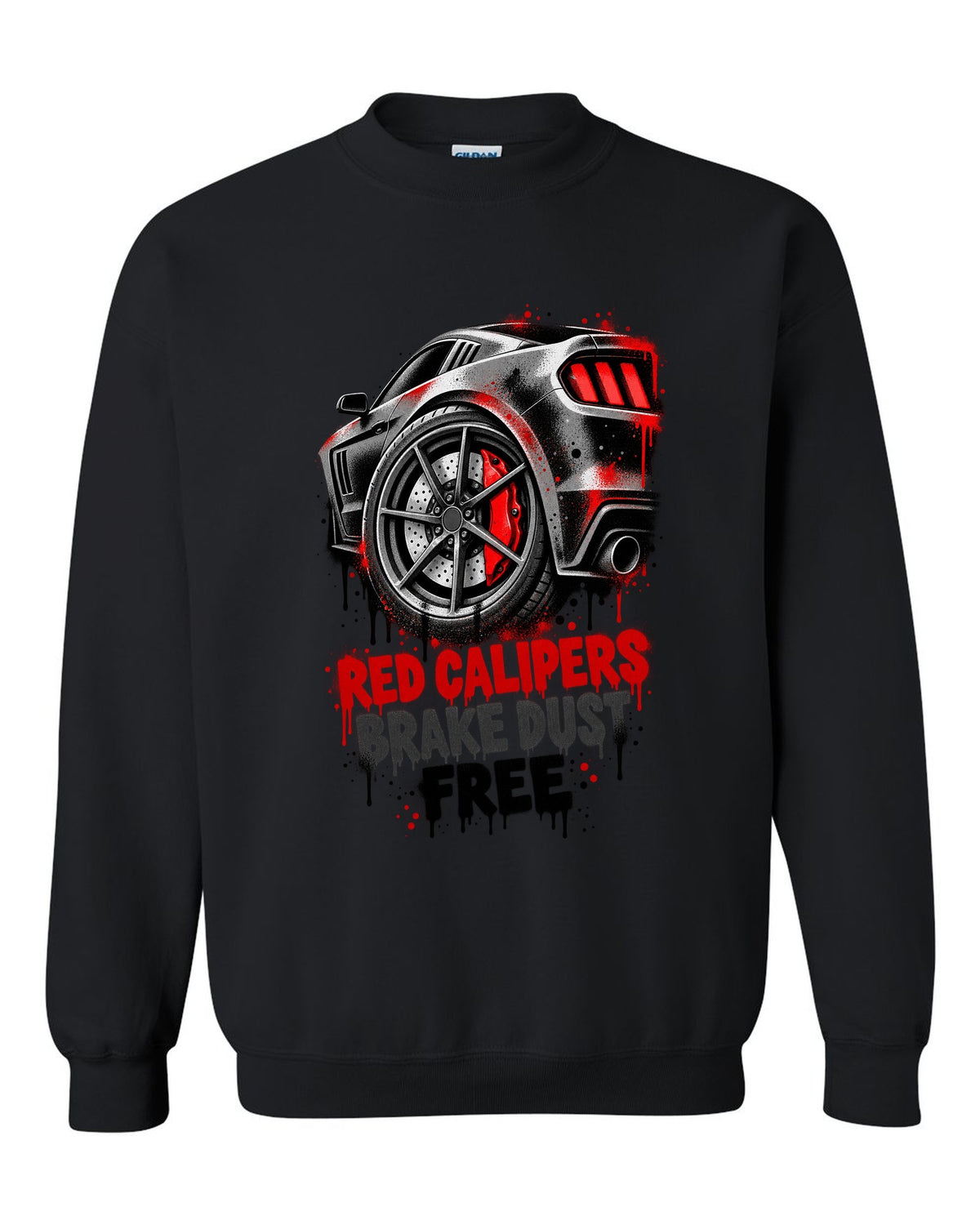 Stencil spray street art print of Kia Stinger GT CK red calipers with brake dust text black crewneck front view with the design