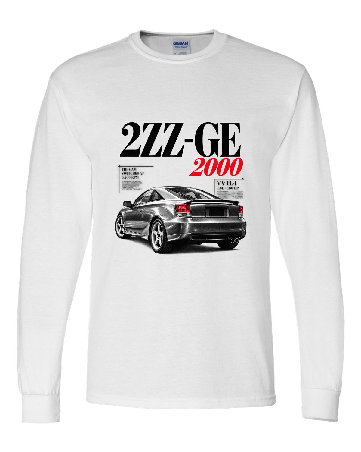 Editorial headline print of a Toyota Celica ZZT231 with 2ZZ-GE cam switches at 6,200 rpm white long sleeve front view with the design