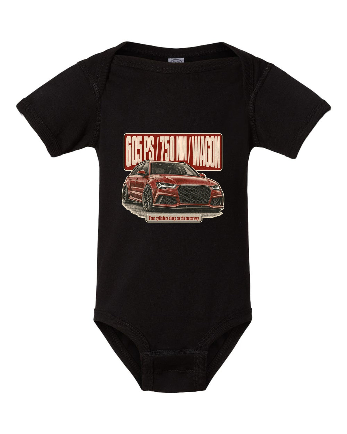 Audi RS6 Avant Performance C7 halftone statement print with 605 PS black baby onesie front view with the design