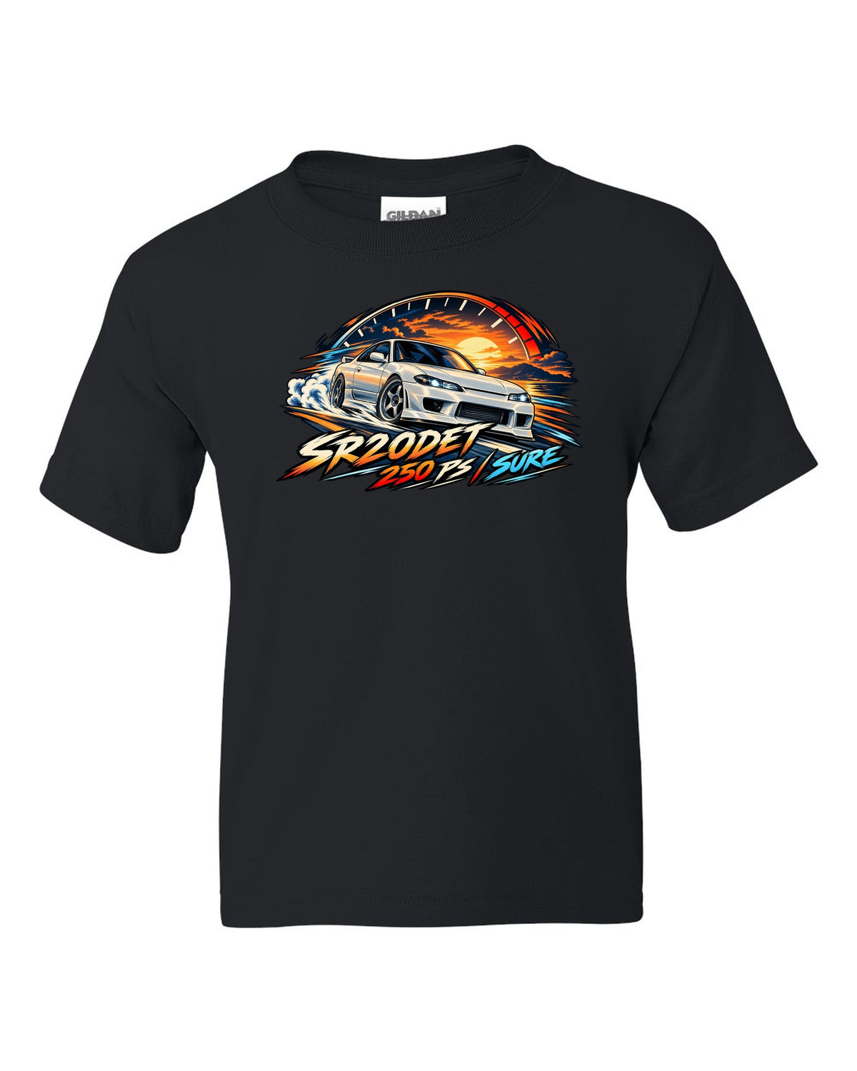 Cel-shaded anime print of a Nissan Silvia S15 with redline arc and SR20DET 250 PS text black kids tee front view with the design