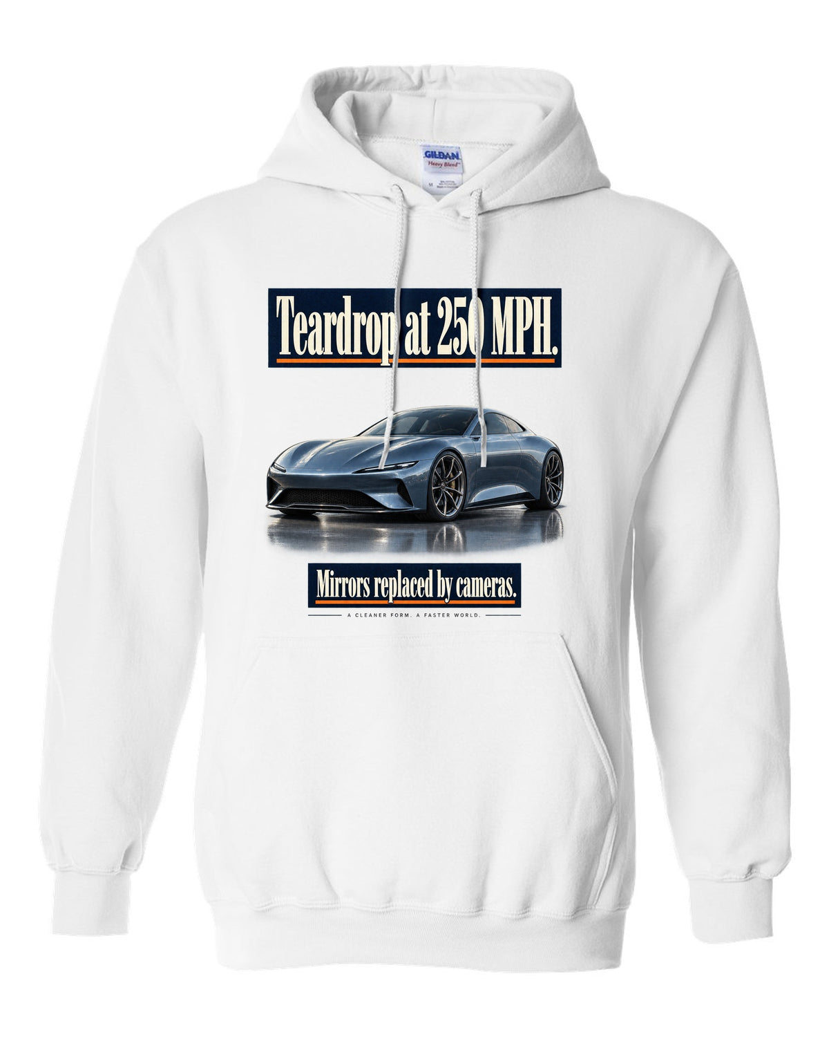 Editorial headline print of a steel blue McLaren Speedtail white pull over hoodie front view with the design